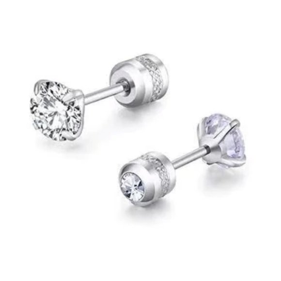 Diamond stud screw on earrings 6mm Hypoallergenic Cubic Zirconia Stainless Steel - Picture 7 of 7